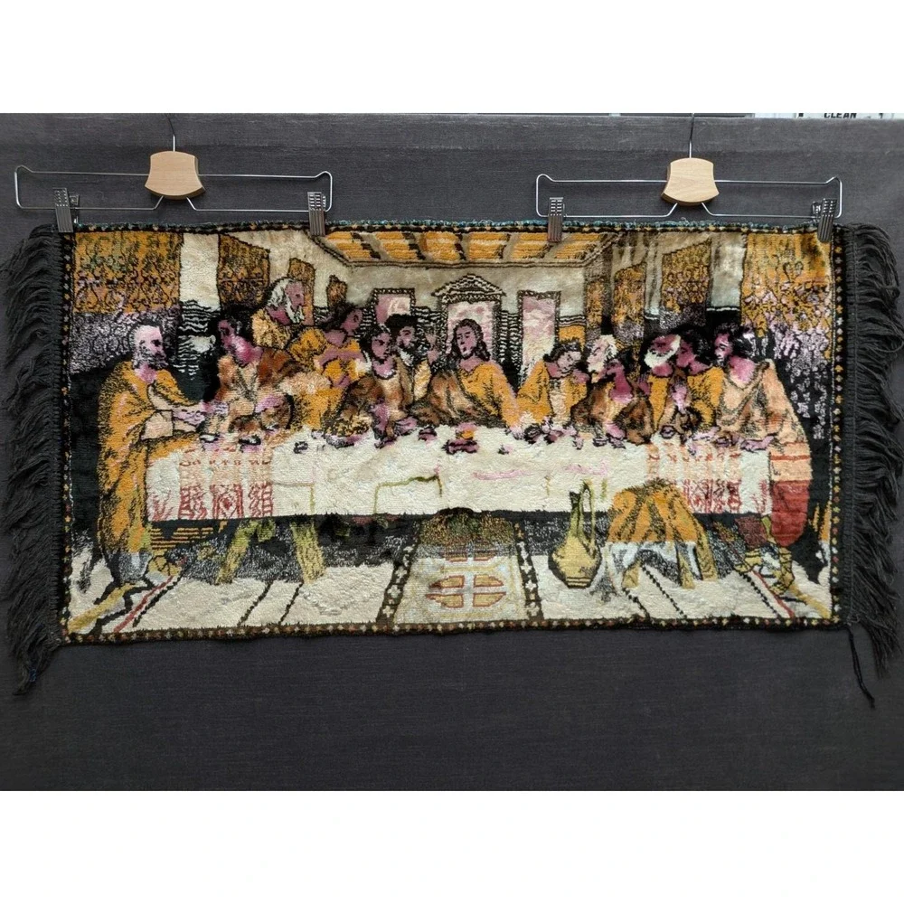 Vintage Jesus & The Last Supper Woven Tapestry Velvet Wall Rug Hanging 39
